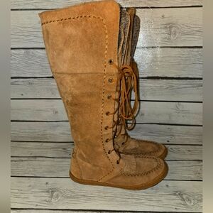 Ugg Tan Leather Moccasin Style Tall Lace Up Boots Women's Size 7 Preowned